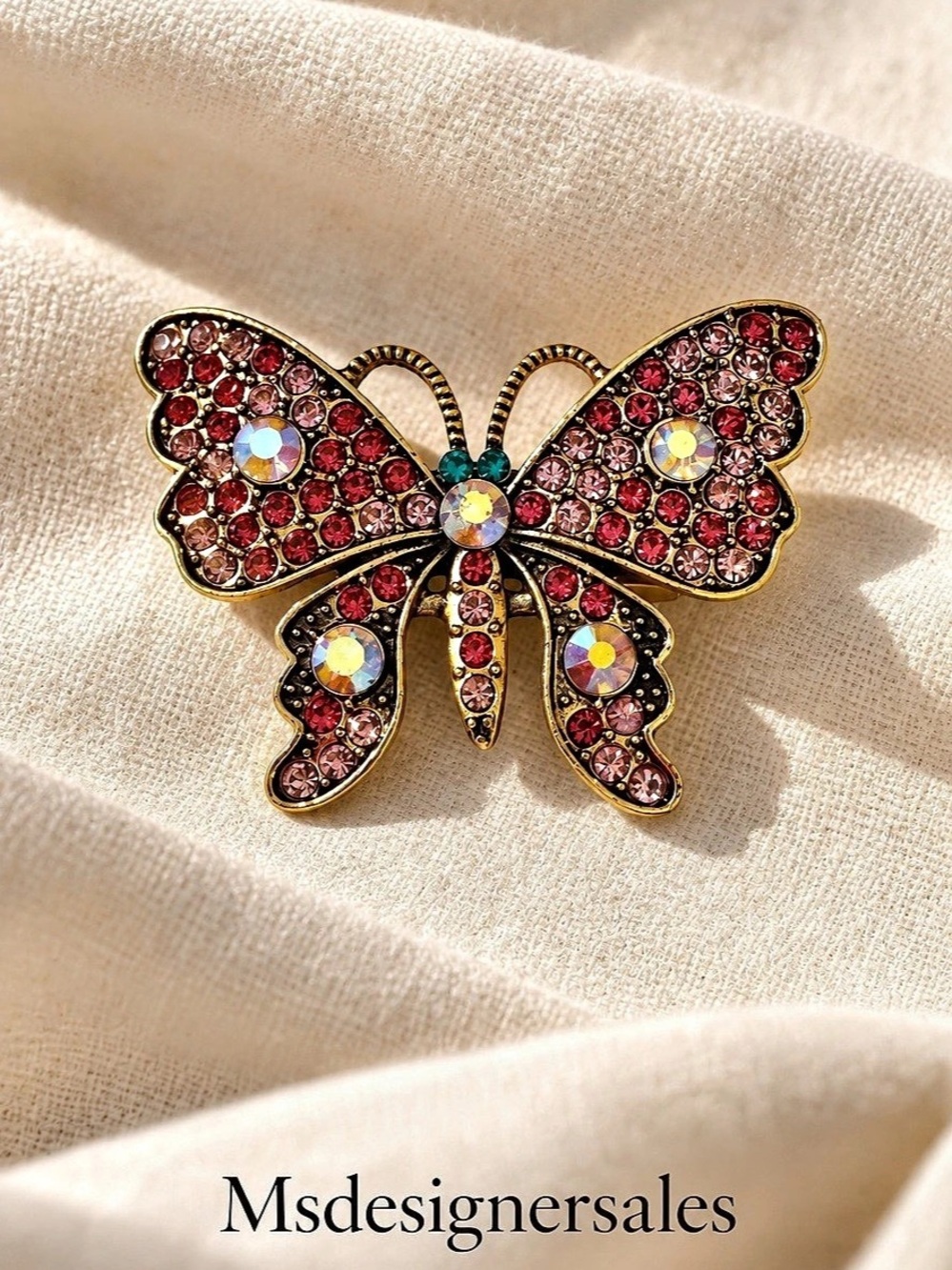 Jeweled Butterfly Brooch in Pink & Gold Like New 224